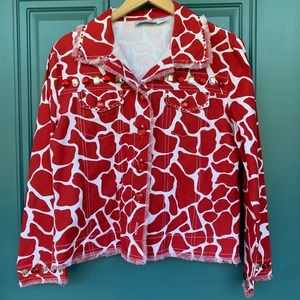 GIRAFFE PRINT LIGHTWEIGHT DENIM JACKET EMBELLISHED WITH RHINESTONES